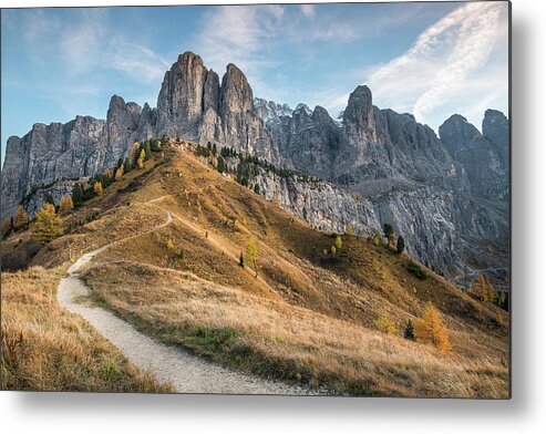 Dolomites Metal Print featuring the photograph Mountain landscape of the picturesque Dolomites at Passo Gardena by Michalakis Ppalis