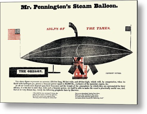 Blimp Metal Print featuring the painting Mr. Pennington's steam balloon, signs of the times : The Oregon by Unknown