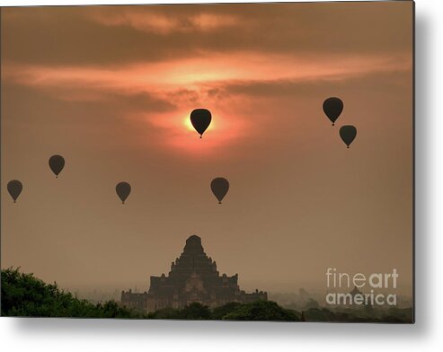 Wind Metal Print featuring the photograph Myanmar Bolloon Air On Sunrise In Bagan by Sutiporn Somnam