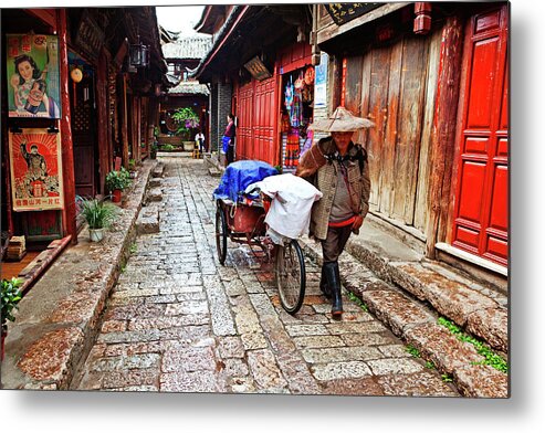 Headwear Metal Print featuring the photograph Narrow Streets Of Old Town With Naxi by John W Banagan