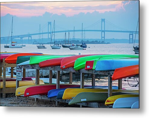 Newport Metal Print featuring the photograph Newport RI King Beach Kayaks Newport Harbor Sunset Pell Bridge by Toby McGuire