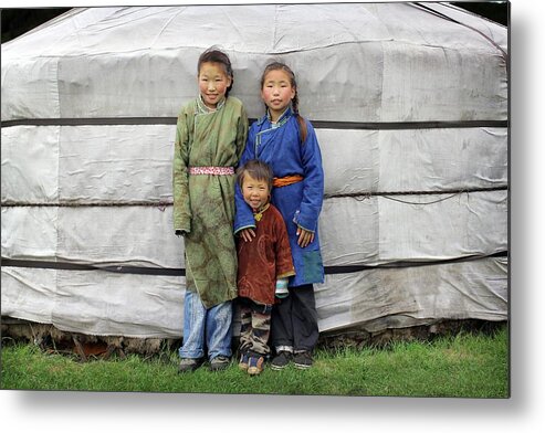 Mongolian Culture Metal Print featuring the photograph Nomadic Mongolian Children Outside Ger by Timothy Allen