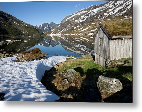 Extreme Terrain Metal Print featuring the photograph Norwegian Mountain Lake With Cabins by Stevegeer