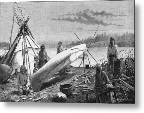 Engraving Metal Print featuring the photograph Ojibwe Repairing A Canoe by Hulton Archive