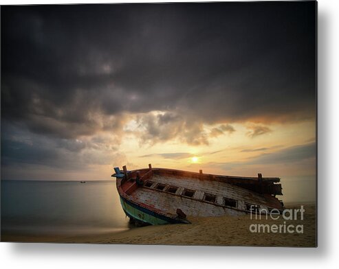 Damaged Metal Print featuring the photograph Old And Broken Wooden Boat On Sandy by Yusri Salleh