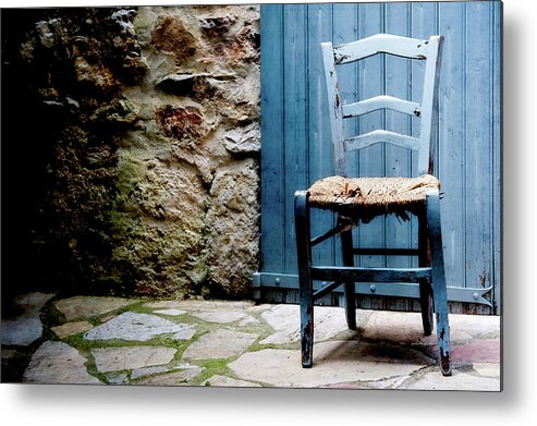 Damaged Metal Print featuring the photograph Old Blue Wooden Caned Seat Chair At by Alexandre Fp