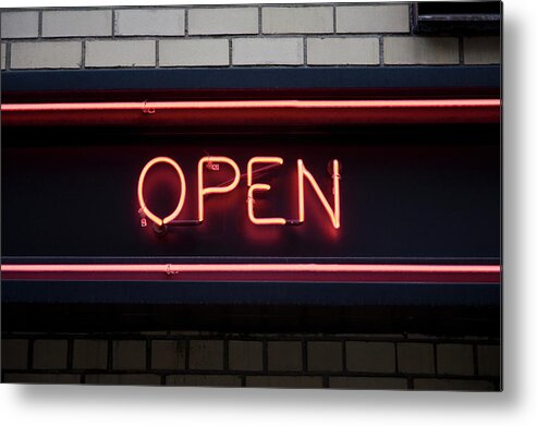 Built Structure Metal Print featuring the photograph Open Neon Sign by Frederick Bass