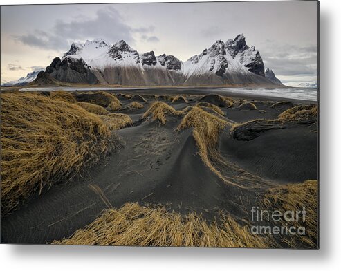 Vestrahorn Metal Print featuring the photograph Black Sand Dunes and Snowy Vestrahorn Mountains by Tom Schwabel