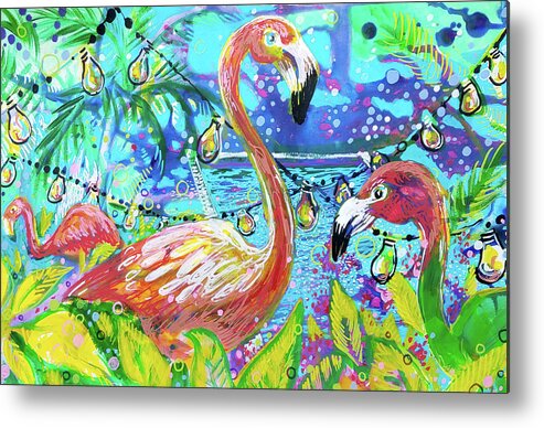 Flamingo Metal Print featuring the painting Outdoor flamingo party by Tilly Strauss