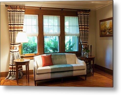 Bezem Verslijten Dodelijk Pale Sofa And Round Side Tables In Front Of Window With Half-opened Blinds  And Gathered Curtains In Traditional Living Room Metal Print by Erik Rank -  Pixels