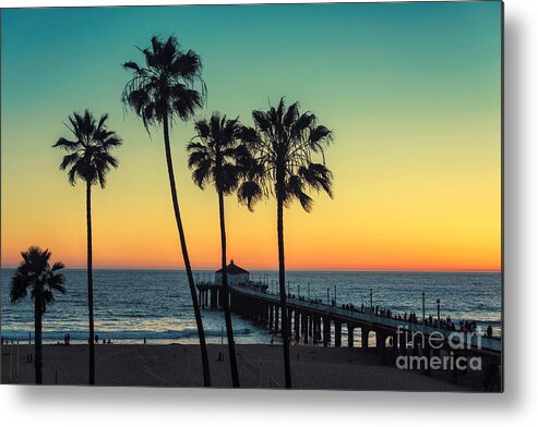 Sunrise Metal Print featuring the photograph Palm Trees At Manhattan Beach Vintage by Lucky-photographer
