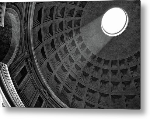 Pantheon Metal Print featuring the photograph Pantheon Interior Dome Oculus and Light Stream Rome Italy Black and White by Shawn O'Brien