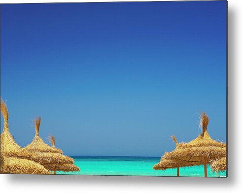 Scenics Metal Print featuring the photograph Parasols And Beach, Rethymno, Greece by Sakis Papadopoulos