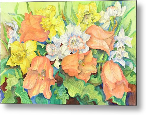 Tulips And Daffodils Watercolor Metal Print featuring the painting Peach Tulips & Daffodils by Joanne Porter