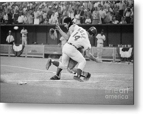 Baseball Catcher Metal Print featuring the photograph Pete Rose Colliding With Catcher Ray by Bettmann