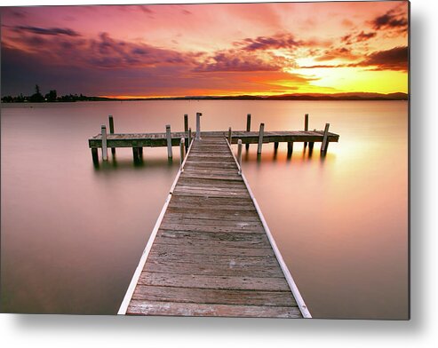Tranquility Metal Print featuring the photograph Pier In Lake Macquarie At Sunset by Yury Prokopenko