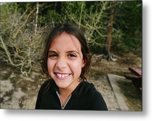 Girl Metal Print featuring the photograph Portrait Of Happy Girl At Inyo National Forest by Cavan Images