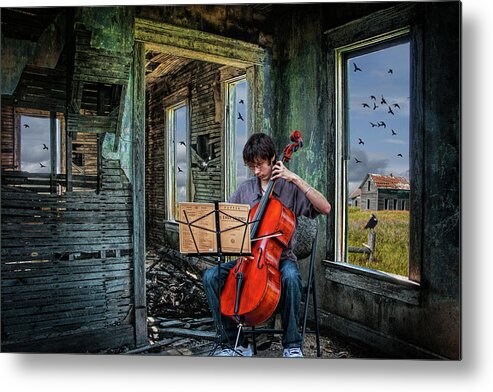 Cello Metal Print featuring the photograph Practicing among the Ruins. A Cello Player playing Music by Randall Nyhof