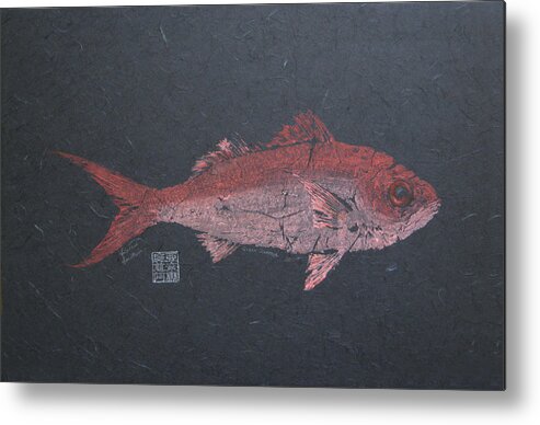 Queen Snapper Metal Print featuring the painting Queen Snapper - Coral on Black Background by Adrienne Dye
