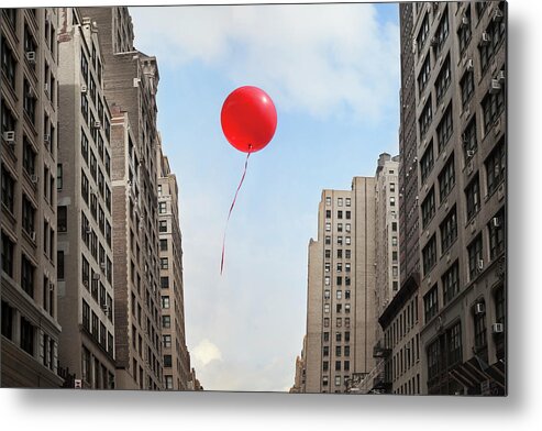Apartment Metal Print featuring the photograph Red Balloon Floating Through City by Thomas Jackson