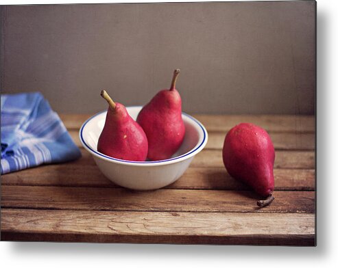 Close-up Metal Print featuring the photograph Red Pears In White Bowl by Copyright Anna Nemoy(xaomena)