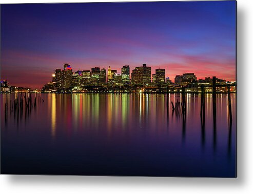 Boston; City; Cityscape; Color; Colorful; Sunset; Lo Presti Park; Posts; Old; Skyscrapers; Custom House; Long Exposure; Calm; Winter; Lights; Reflections; Harbor; Historic; Beantown; Massachusetts; New England; Rob Davies; Photography Metal Print featuring the photograph Reflections of Boston II by Rob Davies