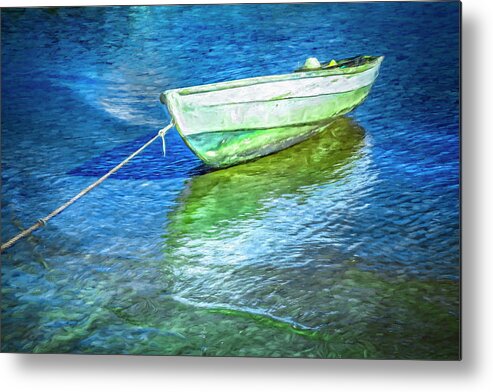 Boats Metal Print featuring the photograph Rowboat in Blues Oil Painting by Debra and Dave Vanderlaan