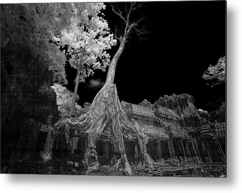 Ancient Metal Print featuring the photograph Ruins of Preak Khan in Cambodia in black and white infrared by Karen Foley