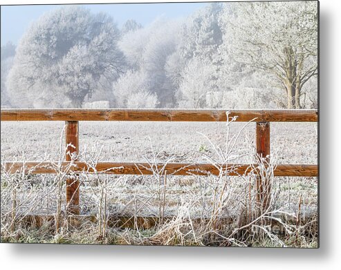 Landscape Metal Print featuring the photograph Rural winter snow scene and fence by Simon Bratt