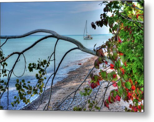 Sailboat Sailing Boat Autumn Red Leaves Lake Michigan Milwaukee Wi Wisconsin Great Lakes Aqua Turquoise Metal Print featuring the photograph Sailboat Serenity - Sailboat anchored in Lake Michigannear Shorewood Nature Preserve in Milwaukee WI by Peter Herman