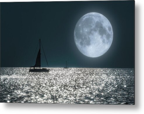 Composite Metal Print featuring the photograph Sailing into the Full Moon by Wolfgang Stocker