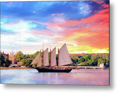 Schooner Metal Print featuring the photograph Sails in the Wind at Sunset on the York River by Ola Allen