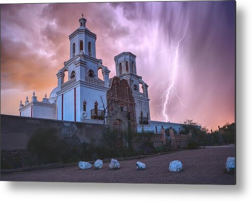 Lightning Metal Print featuring the photograph San Xavier Mission Lightning by Chance Kafka
