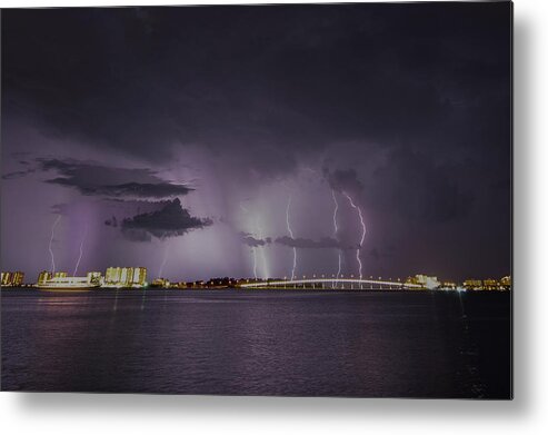 Clouds Metal Print featuring the photograph Sand Key Bridge Lightning by Joe Leone