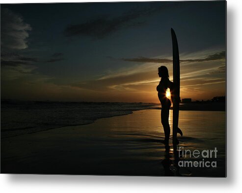 Orange Color Metal Print featuring the photograph Sexy Silhouette Surfing Sunset At Beach by Shanekato