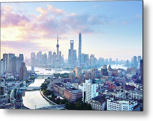 Scenics Metal Print featuring the photograph Shanghai Skyline In Blue Sky At Morning by Zorazhuang