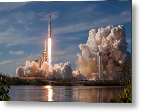 Dont Panic Metal Print featuring the digital art Spacex Falcon Heavy Demo Launch Lift Off by Megan Miller