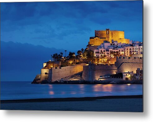 Estock Metal Print featuring the digital art Spain, Comunidad Valenciana, Peniscola, Mediterranean Sea, The Old Town, On Top The Castle Built By The Knights Templar by Massimo Ripani