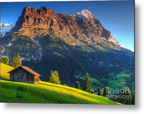 Hut Metal Print featuring the photograph Spectacular Swiss Alpine Landscape by Gaspar Janos