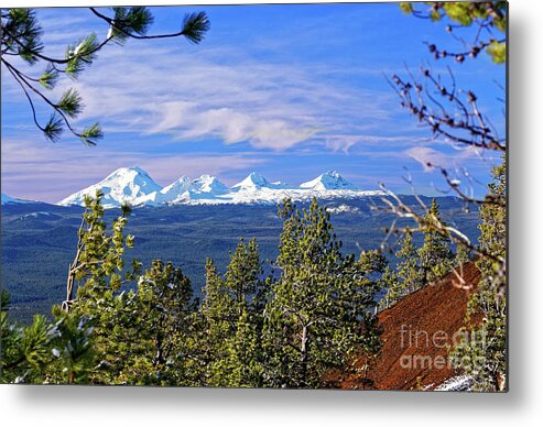 Central Oregon Metal Print featuring the photograph Steep Mokst Butte red cinder cone hillside, and distant snowy Cascade Mountains, Oregon, USA by Robert C Paulson Jr