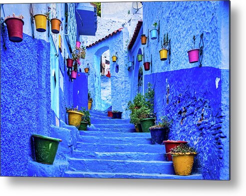 Morocco Metal Print featuring the photograph Steps and Flower Pots - Chefchaouen - Morocco by Stuart Litoff