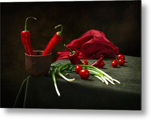 Still Metal Print featuring the photograph Still Life With Red Pepper, Tomatoes And Onions On The Table by Brig Barkow