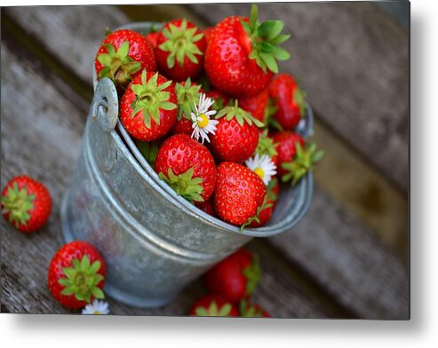 Cute Metal Print featuring the photograph Strawberries and daisies by Top Wallpapers