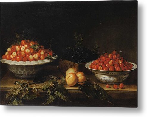 Flower Metal Print featuring the painting Studio of Francois Garnier Paris 1600 - 1672 STILL LIFE WITH A BOWL OF CHERRIES by MotionAge Designs