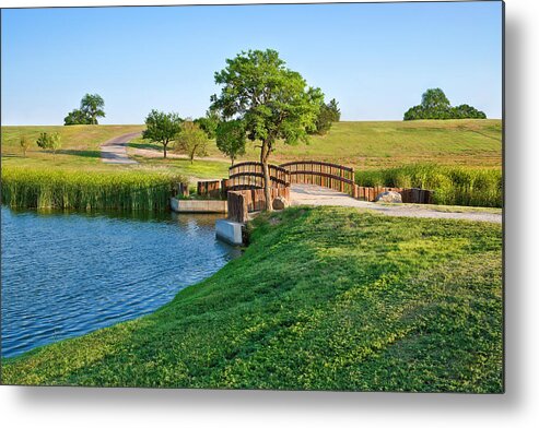 Water's Edge Metal Print featuring the photograph Summer Footbridge And Lake by Dszc