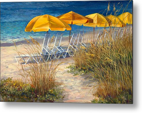 Beach Landscapes Metal Print featuring the painting Sunbrellas by Laurie Snow Hein