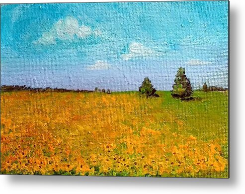 Acrylic Painting Metal Print featuring the painting Sunflower fields-end of summer by Asha Sudhaker Shenoy