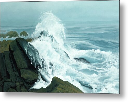 Seascape Metal Print featuring the painting Surging Waves Break on Rocks by Lynn Hansen