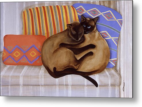 2 Siamese Cats Lying On A Couch Metal Print featuring the painting Sushi And Wonton by Jan Panico