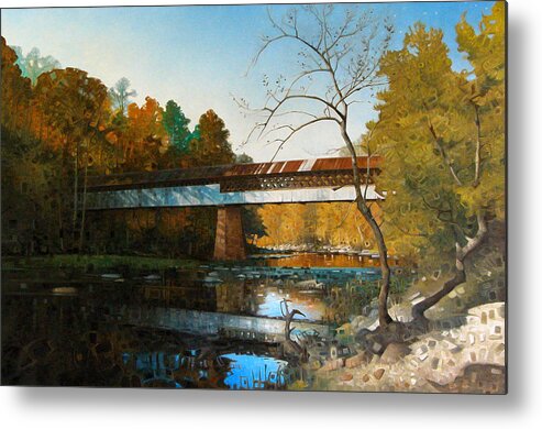 Covered Bridge American Landscape Autumn River Bridges Fine Art Oil Painting Metal Print featuring the painting Swann Covered Bridge In Early Autumn by T S Carson